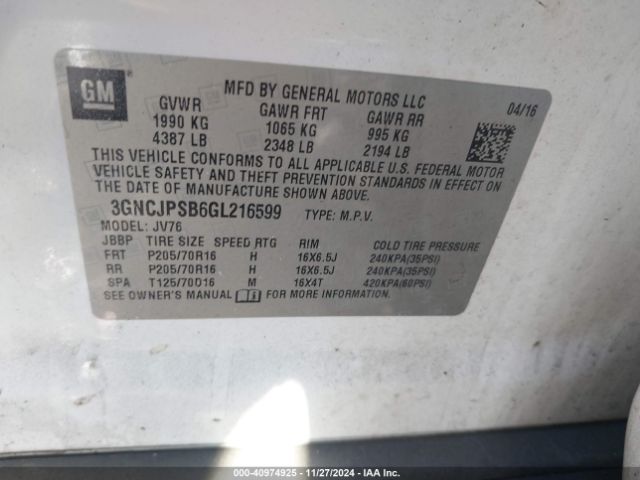 3GNCJPSB6GL216599 Chevrolet Trax Lt