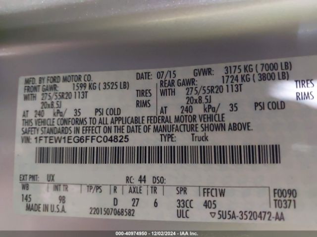 1FTEW1EG6FFC04825 Ford F-150 Platinum