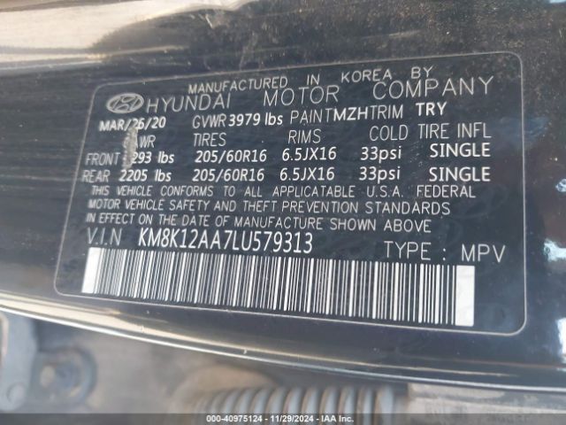 KM8K12AA7LU579313 Hyundai Kona Se