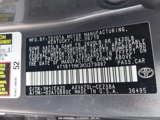 Toyota CAMRY SE 2019 4T1B11HK3KU279887 Image 9