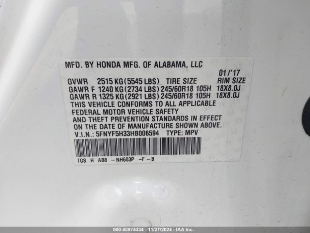 5FNYF5H33HB006594 Honda Pilot Ex