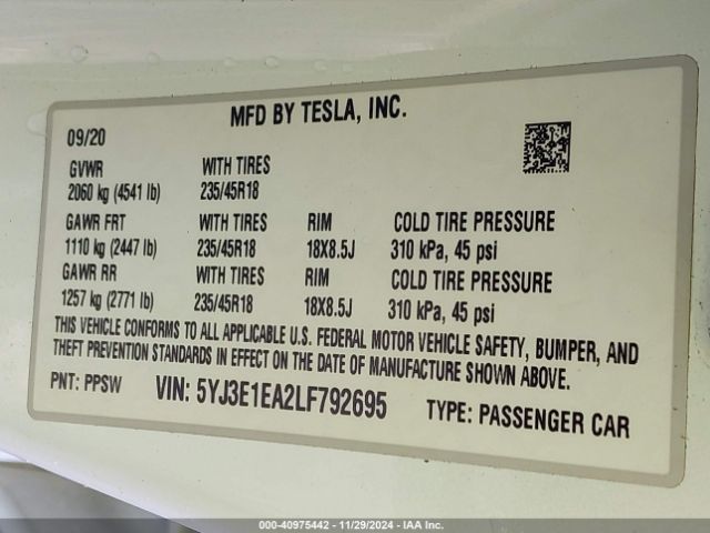 5YJ3E1EA2LF792695 Tesla Model 3 Standard Range Plus Rear-wheel Drive/standard Range Rear-wheel Drive
