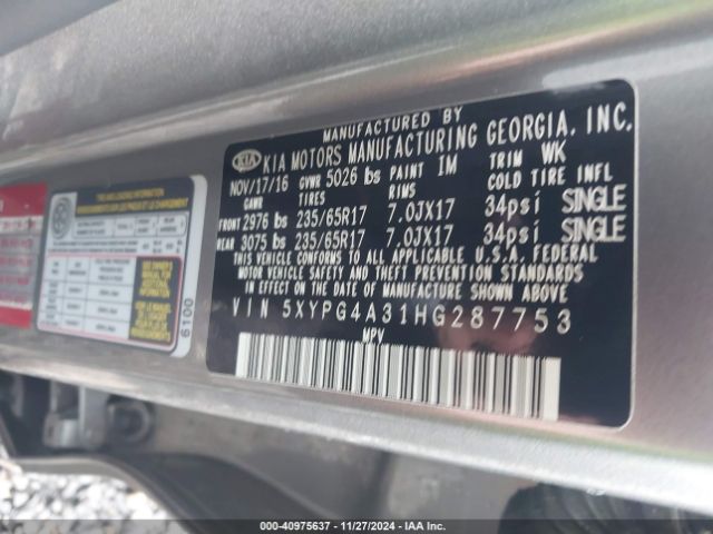 5XYPG4A31HG287753 KIA Sorento 2.4l Lx