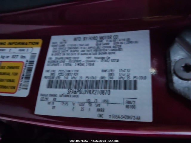 Ford Fusion Hybrid Se 2019 3FA6P0LU9KR210870 Image 9