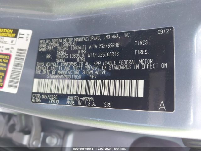 5TDHARAH7MS011850 Toyota Highlander Hybrid Xle