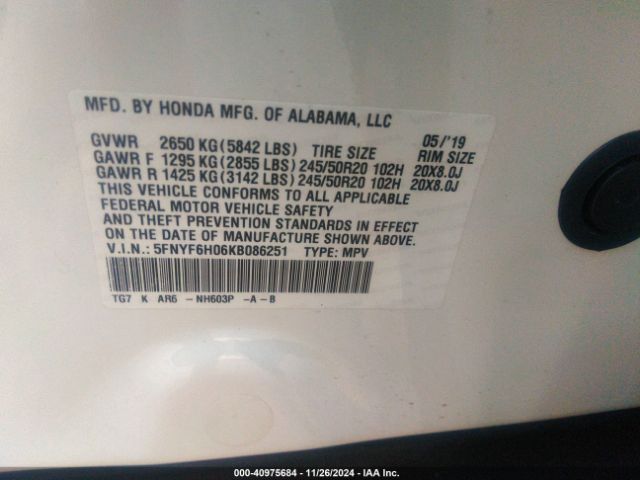 5FNYF6H06KB086251 Honda Pilot Elite