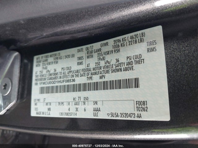 Ford ESCAPE SE 2017 1FMCU0GD1HUF08536 Image 9