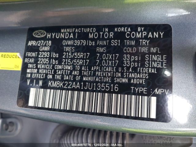 KM8K22AA1JU135516 Hyundai Kona Sel