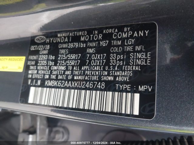 KM8K62AAXKU246748 Hyundai Kona Sel