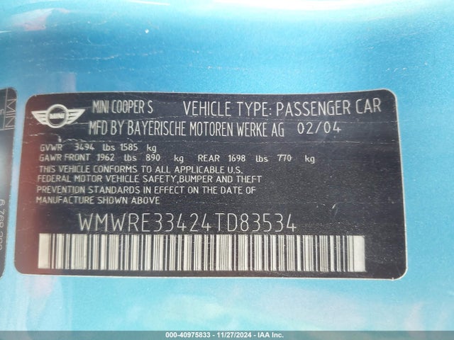 2004 MINI COOPER S WMWRE33424TD83534 Photo 8