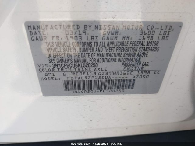 3N1CP5CU6KL520250 Nissan KICKS S