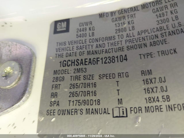 1GCHSAEA6F1238104 Chevrolet Colorado Wt