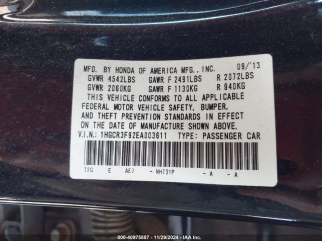 1HGCR3F92EA003611 Honda Accord Touring