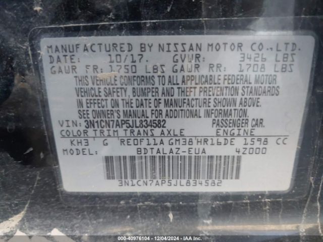 3N1CN7AP5JL834582 Nissan Versa 1.6 S+