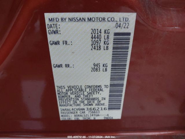1N4AL4CV6NN366216 Nissan Altima Sr Vc-turbo Fwd