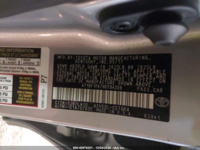 4T1BF1FK7HU794209 Toyota CAMRY XLE