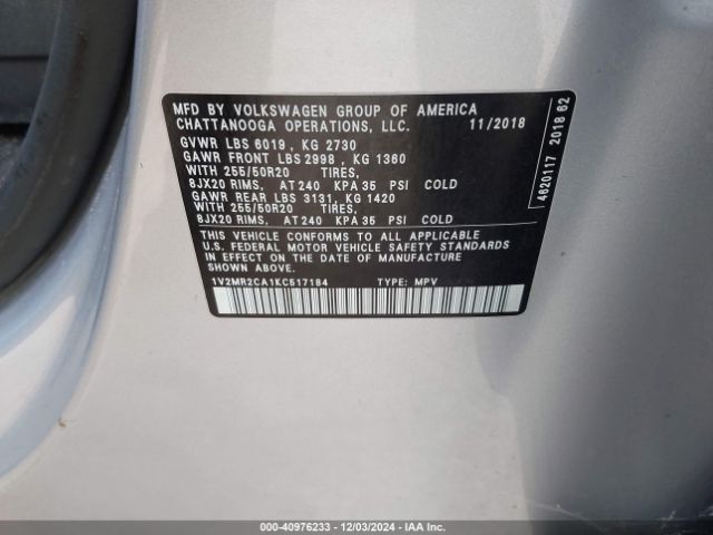 1V2MR2CA1KC517184 Volkswagen Atlas 3.6l V6 Sel