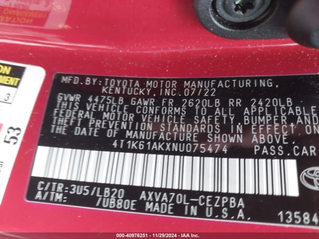 4T1K61AKXNU075474 Toyota CAMRY XSE