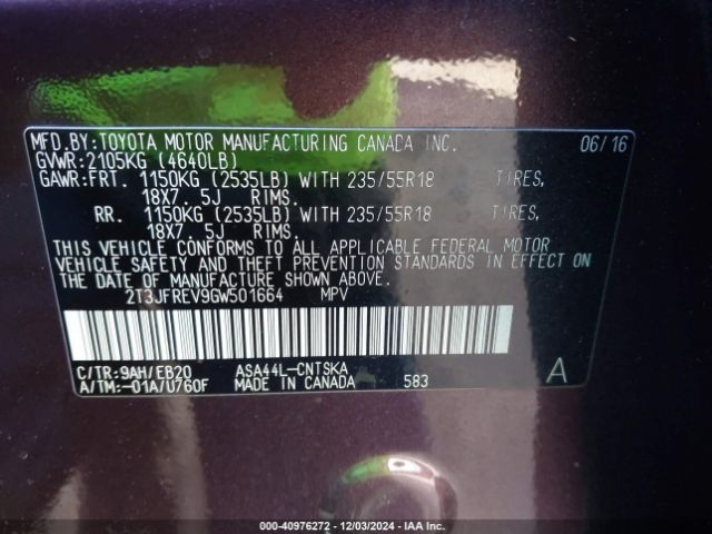 2T3JFREV9GW501664 Toyota RAV4 SE