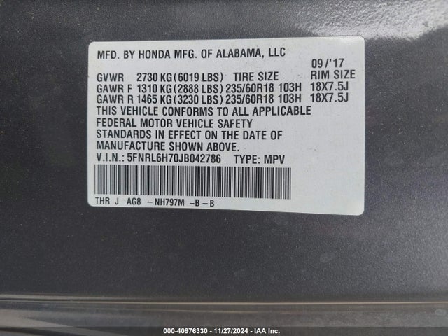 Honda Odyssey Ex-l 2018 5FNRL6H70JB042786 Image 9