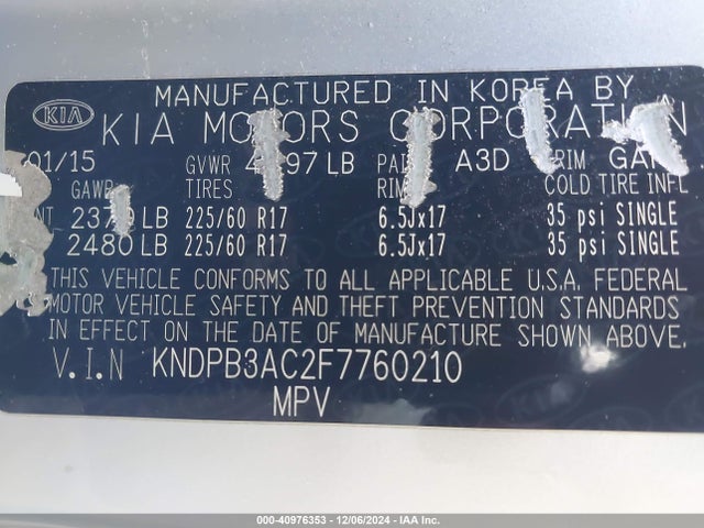 KNDPB3AC2F7760210 KIA Sportage Lx