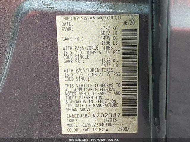 1N6ED0EB7LN702387 Nissan Frontier Sv 4x4