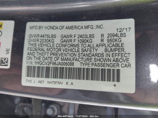 1HGCV2F96JA006088 Honda Accord Touring 2.0t