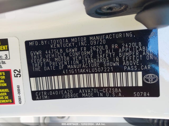 Toyota CAMRY SE 2020 4T1G11AK4LU507221 Image 9
