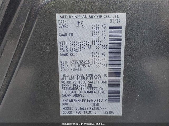5N1AR2MN4EC662077 Nissan Pathfinder Platinum/s/sl/sv