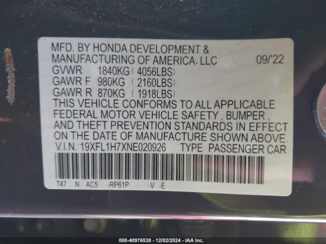 19XFL1H7XNE020926 Honda Civic Ex-l