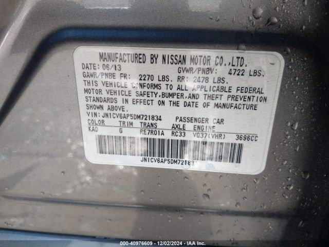 2013 Infiniti G37 Journey მანქანა იყიდება აუქციონზე, vin: JN1CV6AP5DM721834, აუქციონის ნომერი: 40976609