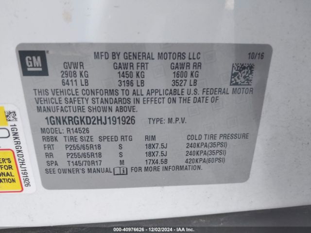 Chevrolet Traverse 1lt 2017 1GNKRGKD2HJ191926 Image 9