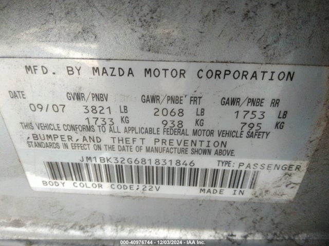Aukcja sprzedaży 2008 Mazda Mazda3 I, vin: JM1BK32G681831846, numer aukcji: 40976744