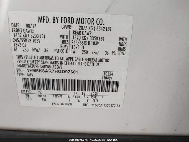 Ford Utility Police Interceptor 2017 1FM5K8AR7HGD92601 Image 9