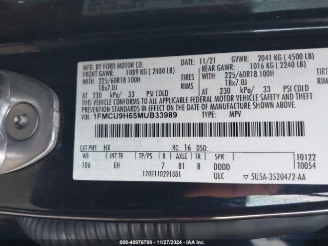 1FMCU9H65MUB33989 Ford ESCAPE SEL