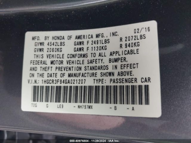 1HGCR3F94GA021207 Honda Accord Touring