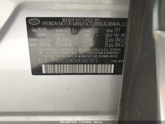 5NMS33AD6KH077073 Hyundai Santa Fe Sel Plus