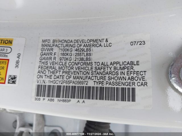 1HGCY2F65PA056972 Honda Accord Hybrid Ex-l