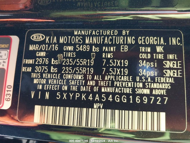 5XYPK4A54GG169727 KIA Sorento 3.3l Sx