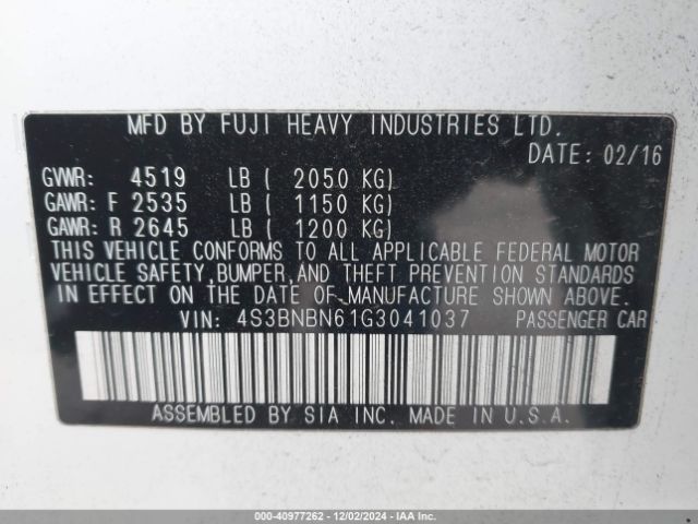 4S3BNBN61G3041037 Subaru Legacy 2.5i Limited