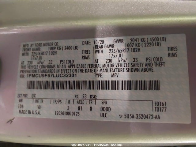 Ford ESCAPE S 2020 1FMCU9F67LUC32301 Image 9
