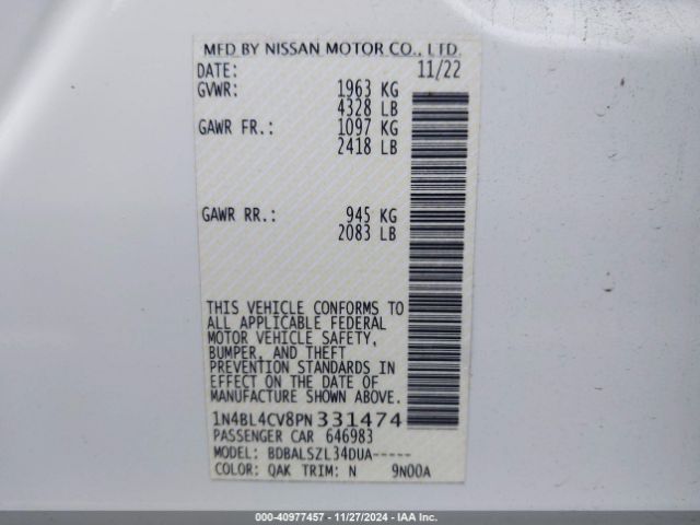 1N4BL4CV8PN331474 Nissan Altima Sr Fwd