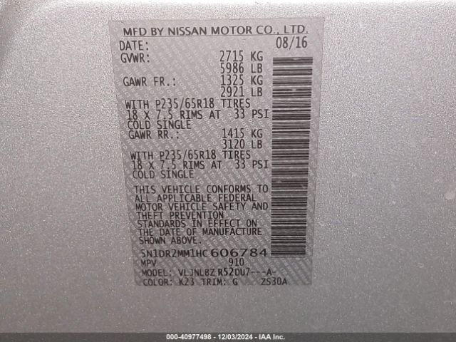 5N1DR2MM1HC606784 Nissan Pathfinder S