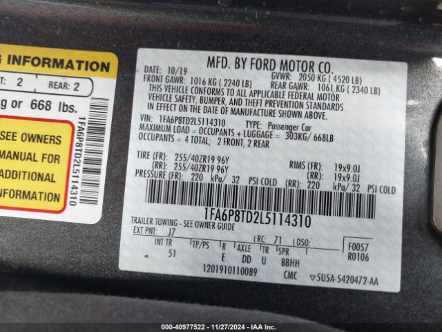1FA6P8TD2L5114310 Ford Mustang Ecoboost Premium