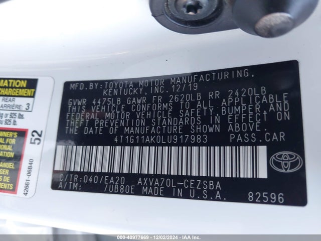 Toyota CAMRY SE 2020 4T1G11AK0LU917983 Image 9