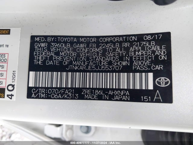 JTNKARJE5JJ553707 Toyota COROLLA IM