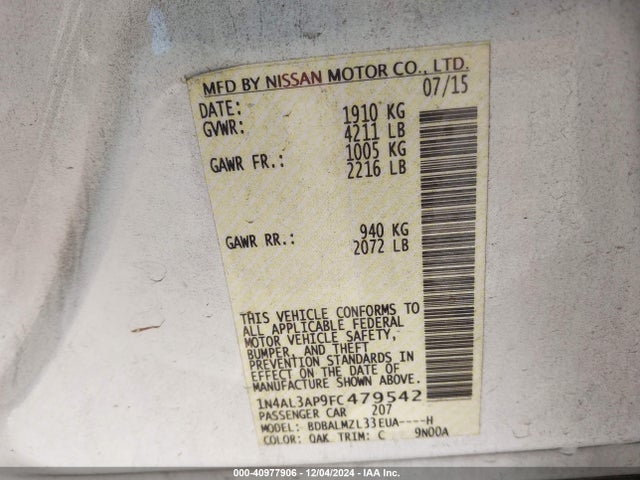Nissan Altima 2.5 Sv 2015 1N4AL3AP9FC479542 Image 9