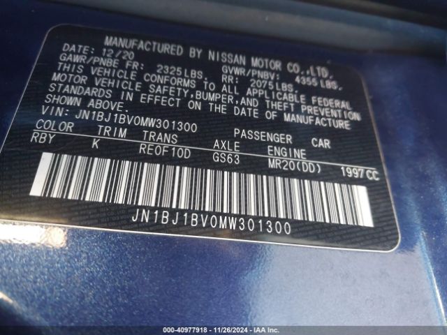 JN1BJ1BV0MW301300 Nissan Rogue Sport Sv Fwd Xtronic Cvt