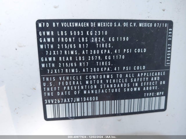 3VV2B7AX7JM194808 Volkswagen Tiguan 2.0t Se/2.0t Sel