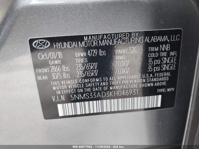 Hyundai Santa Fe Sel 2019 5NMS33AD3KH046931 Image 9